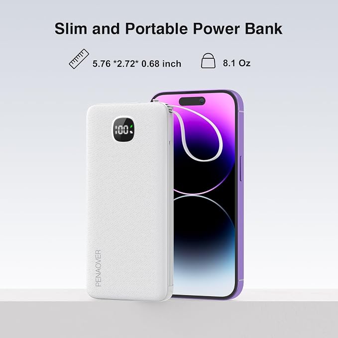 penaover Portable Charger with Built-in Cables&AC Wall Plug,Slim 10000mAh 22.5W Fast Charging Power Bank,5 Output 2 Input USB-C External Battery Pack Compatible with iPhones,Samsung,Android, etc - Image 7