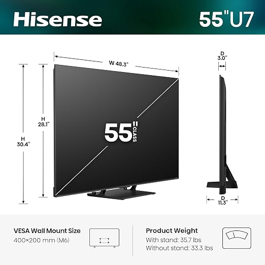 Hisense 55" U7 Mini-LED ULED 4K UHD Best Premium Gaming HDR Smart Fire TV (55U7SF, 2026 New) - Hi-QLED, Native 165Hz, VRR 330, Dolby Vision IQ · Atmos, IMAX Enhanced, Anti-Reflection, 2.1.2 Ch, Alexa+ - Image 3