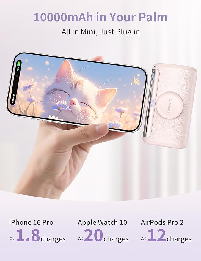 RORRY PalmGo Portable Charger, 10000mAh PD 22.5W Fast Charging Mini Power Bank with Built-in USB C Connector, 3-in-1 Battery Pack for iPhone 17/16/15 Pro/Max, Apple Watch Ultra/11/10/SE, iPad, Pink - Image 2