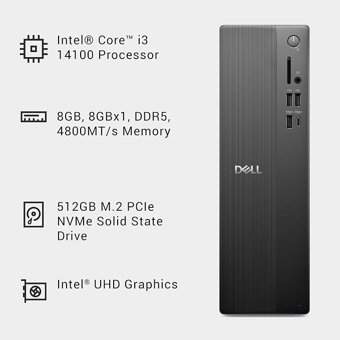 Dell Slim Desktop ECS1250 - Intel Core i3 14100 Processor, 8GB DDR5 RAM, 512GB SSD, WiFi 6, Intel UHD Graphics 730, Windows 11 Home, Onsite Service - Black - Image 8