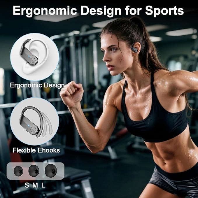 Ordtop Sport Wireless Earbuds with Earhooks, 70H Playtime, IPX8 Waterproof | Bluetooth 5.4, 4 ENC Microphones, Deep Bass Sound, LED Display, USB-C Fast Charging, Secure Fit For Running, Gym And Workouts - Image 6