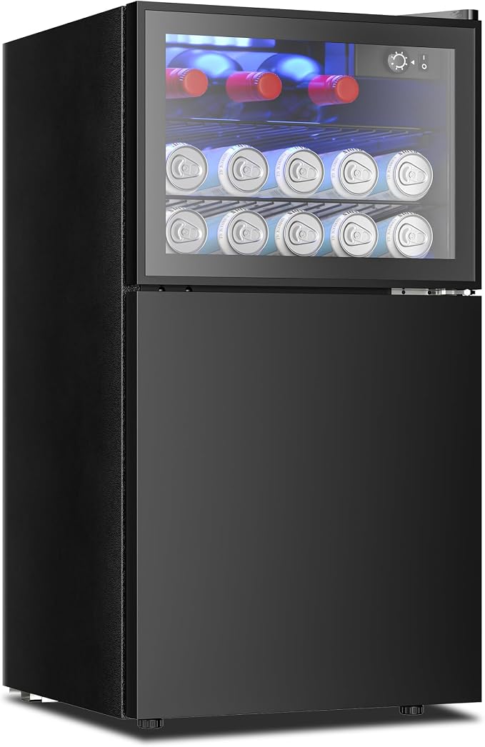EUHOMY Double Door Mini Fridge With Freezer, Freestanding Wine Cooler Refrigerator With Reversible Door, Compact Refrigerator Temperature Control, Wine Fridge Perfect For Kitchen Home Office. by EUHOMY