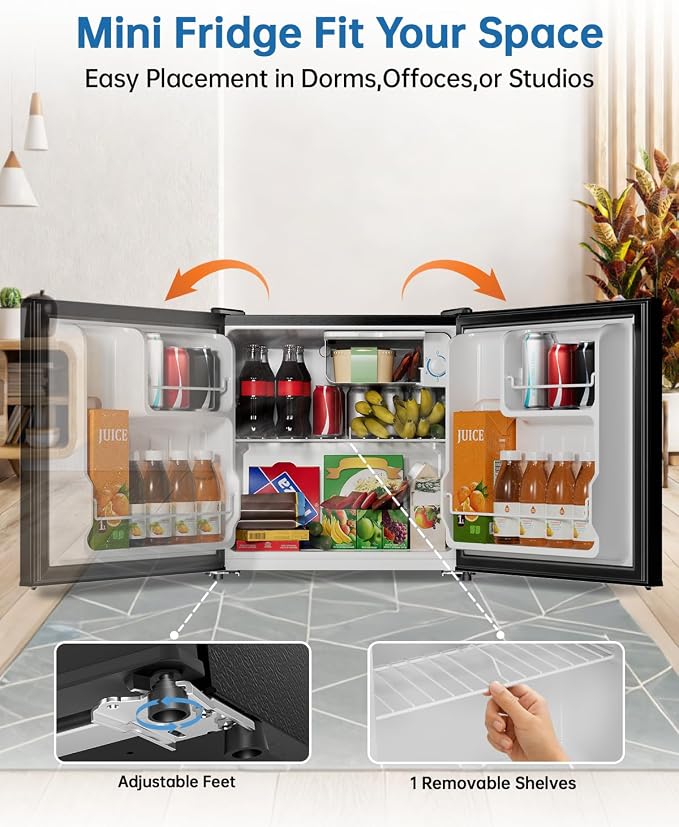1.6 Cu Ft Mini Fridge with Freezer, Single Door Upright Freezer | 30dB Ultra Quiet, Adjustable Thermostat, Reversible Door, ETL Certified, Mini Fridge for Bedroom, Dorm & Office, Black - Image 6