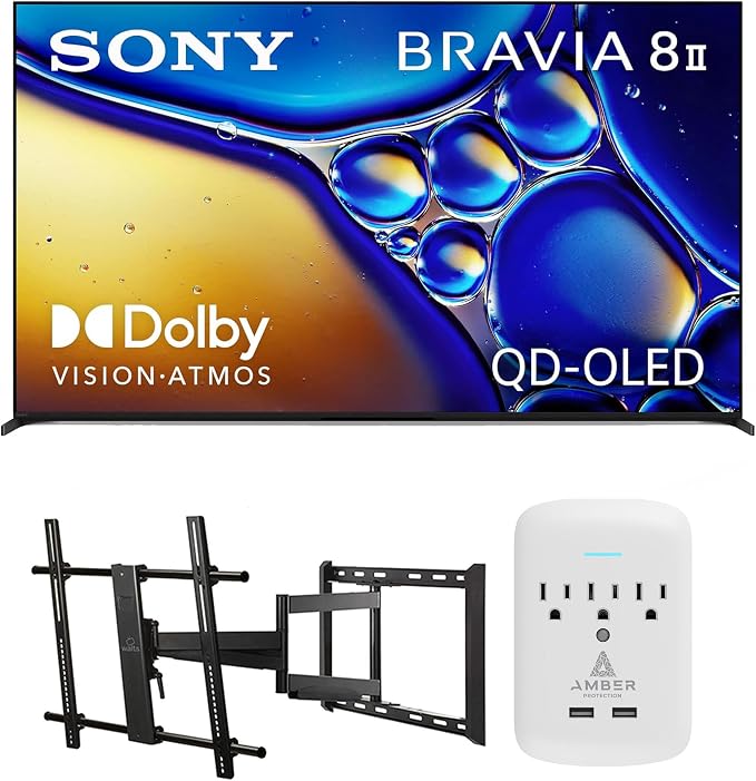 SONY K55XR80M2 55 Inch Bravia 8 QD-OLED 4K HDR Google TV with a Walts Large/Extra Large Full Motion Mount for 43"-90" TVs and Amber Protection 3-Outlet-Surge Surge Protector (2025) by Unknown