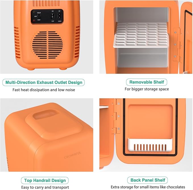 CROWNFUL Mini Fridge, 4 Liter/6 Can Portable Cooler and Warmer Personal Refrigerator for Skin Care, Cosmetics, Beverage, Food,Great for Bedroom, Office, Car, Dorm(Orange) - Image 7