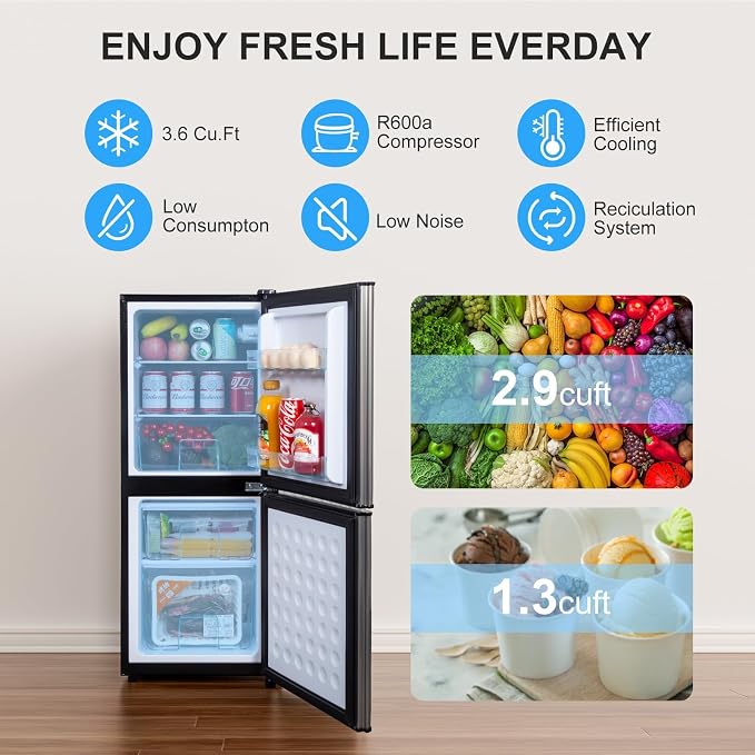 2.9 Cu.Ft Compact Double Door Mini Fridge - Top Freezer & Bottom Refrigerator | Energy Save,7-Level Precision Cooling | Ideal for Dorm, Bedroom, Office & Small Spaces | 7 Level Thermostat, LED Light, Small Fridge with Freezer for Bedroom, Office, Dorm - Image 5
