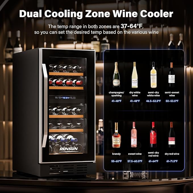 ROVSUN 15 Inch Dual Zone Wine Fridge, 26 Bottle Wine Cooler Refrigerator | 41-64°F, Stainless Steel Handle, LED Light, Built-in or Under Counter or Freestanding Wine Refrigerator for Home/Bar/Kitchen - Image 2