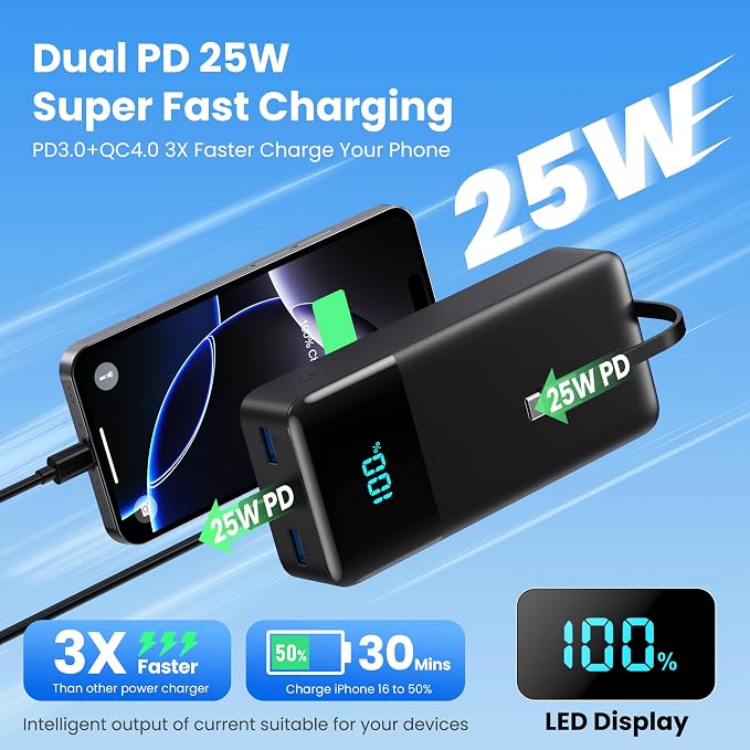 Portable Charger 60800mAh Power Bank with 3 Built in Cables,25W PD QC4.0 Fast Charging USB C Battery Pack,6 Outputs 2 Inputs LCD Display Portable Phone Charger for iPhone 16/15/14/13,Google,Android - Image 3