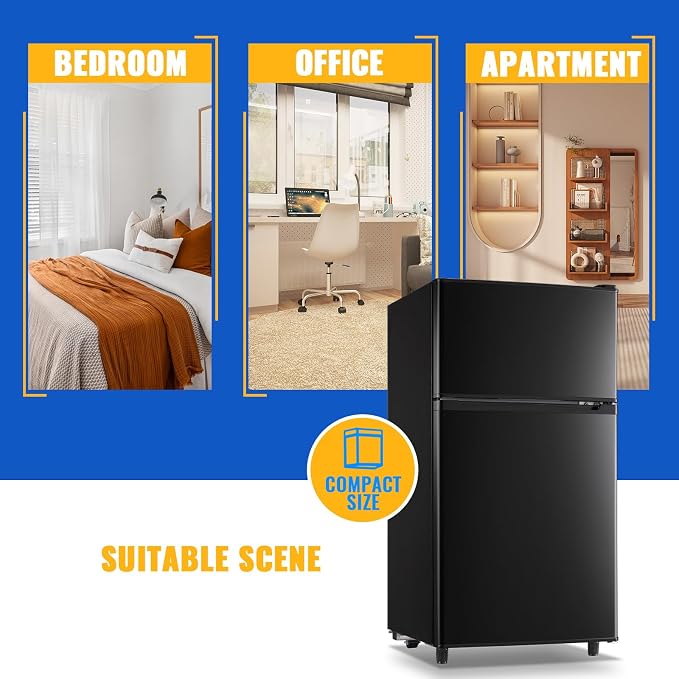 3.5 Cu.Ft Black Mini Fridge With Freezer Compact Refrigerator Dorm | Freestanding Fridge with 7 Level Adjustable Thermostat, Removable Shelves, Fast Cooling, Low Consumption - Image 9