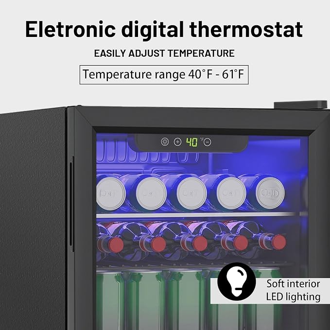 95 Can Mini Fridge, 2.6 Cu.Ft Beverage Refrigerator Glass Door | Drink Cooler for Soda Wine Beer, Adjustable Temp Small Fridge for Home Office Bar, Reversible Door, Black (40-61℉) - Image 4