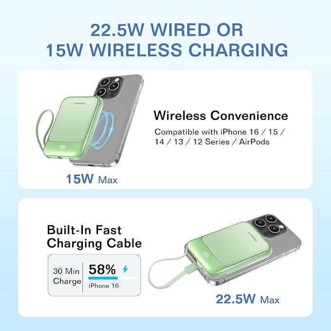 Magnetic Power Bank 10000mAh, Wireless Portable Charger with 15W Max Fast Charging & Built-in USB-C Cable, 22.5W PD LED Display Battery Pack Compatible with iPhone 17/16/15, Samsung Galaxy(green) - Image 2