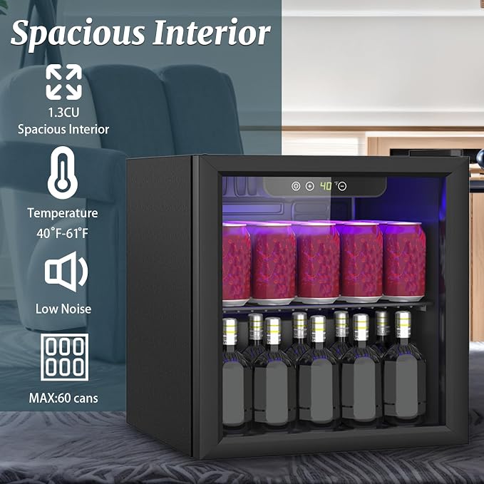 Compact 60 Can/1.3 Cu.Ft Mini Fridge with Reversible Glass Door | for Soda, Beer, Wine, Portable Small Beverage Refrigerator With Digital Display&Removable Shelves, for Office, Dorm, Bar - Image 3