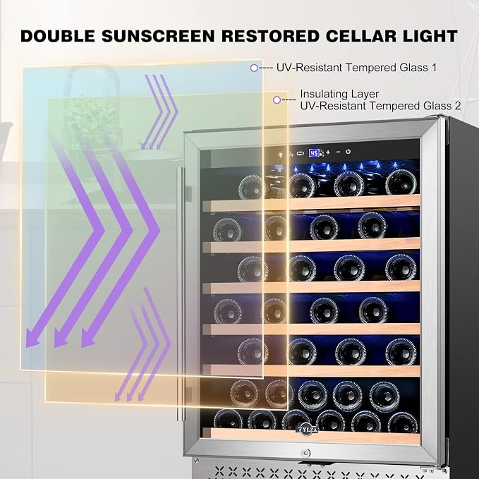 24 Inch Wine Fridge, 54 Bottles Wine Refrigerator, Under Counter or Freestanding, 40-65°F, Lock, Double Layer Tempered Glass Door, Wine Cooler Refrigerator with Adjustable Wooden Shelves - Image 6