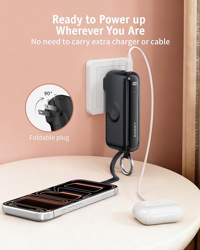 RORRY Flow Portable Charger, 10000mAh 40W Fast Charging Power Bank with Built-in USB C Cable and Foldable Wall Plug, Battery Pack Travel Essentials for iPhone 17/16/15, Apple Watch, iPad, MacBook - Image 6