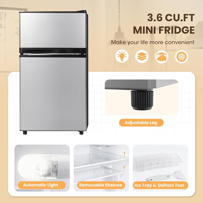 3.6 Cu.Ft Refrigerator with Freezer for Kitchen Office, Silver | Double Door Small Fridge with Freezer, 7-Level Thermostat, Adjustable Shelves & Quiet Operation for Dorm and Bedroom - Image 3