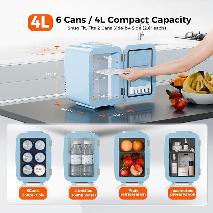 Mini Fridge for Bedroom - 4 Liter/6 Can Mini Makeup Fridge, 110V AC/ 12V DC Portable Thermoelectric Cooler&Warmer for Skincare, Drink, Cosmetic, Medicine, Small fridge for Bedroom, Office, Dorm, Car - Image 5