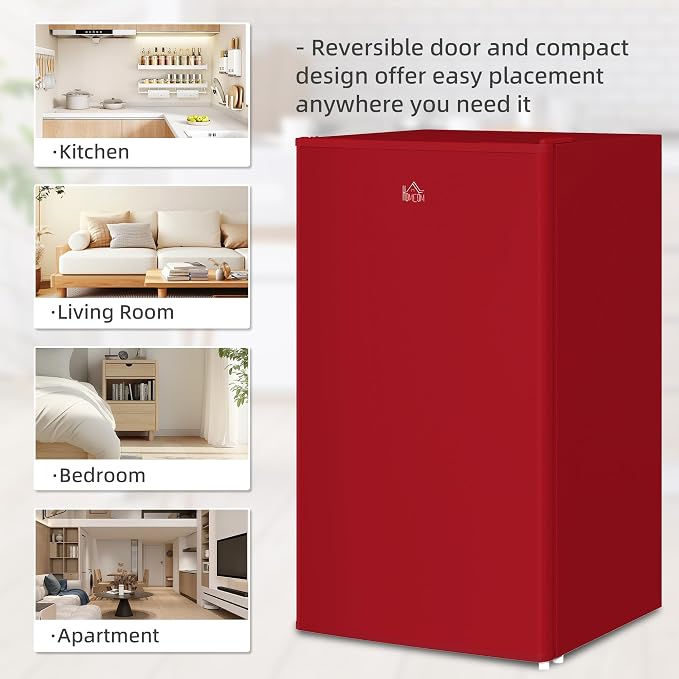 HOMCOM 3.2 Cu.Ft Mini Fridge with Freezer Single Reversible Door Red | Compact Refrigerator, Adjustable Thermostat, Shelf, for Bedroom Dorm Home Office, Energy Efficient - Image 9