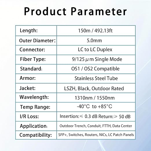 150M/492FT LC to LC Armored Outdoor Fiber Optic Cable, Single Mode Duplex - Image 6