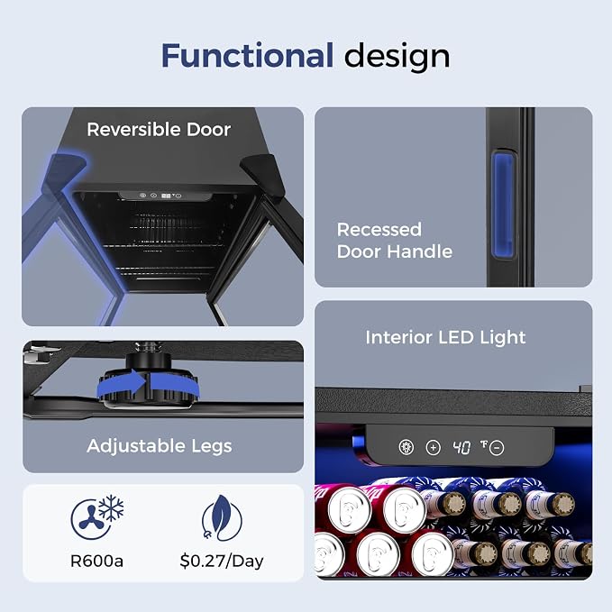 Feelfunn 1.7 Cu.Ft Beverage Refrigerator, 68 Can Mini Fridge, Black | Glass door, 40-61°F, ≤38dB, 68 cans or 16 bottles, removable shelf. For soda, beer, wine in office, dorm, home bar - Image 7