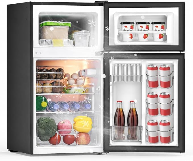 3.2 Cu Ft Mini Fridge with Freezer, Double Door Upright Freezer | Energy Efficient, Glass Shelves, Interior Light, ETL Certified, Compact Small Refrigerator for Bedroom, Office & Dorm, Black by Frostorm
