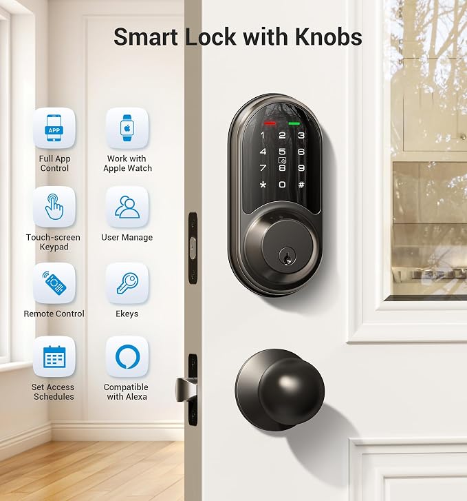 Veise RZ06C Smart Locks for Front Door, 2 Knob Handle Set, Keyless Entry - Image 3