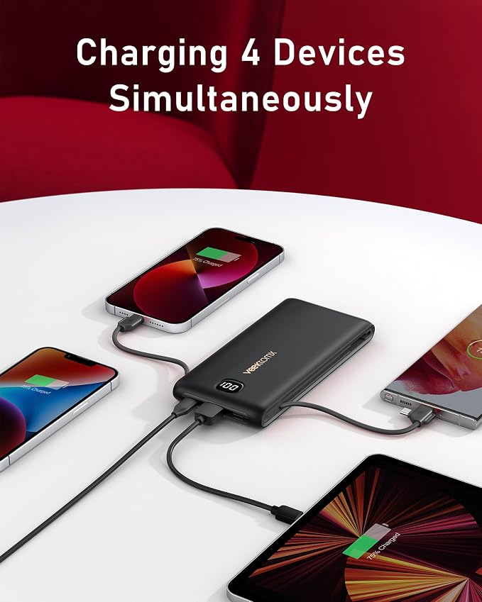 VEEKTOMX Portable Charger with Built in Cables 10000mAh, Power Bank for iPhone with AC Wall Plug, Fast Charging USB C Slim Battery Pack with LED Display Compatible with iPhone 17/16/15/14, Samsung - Image 5