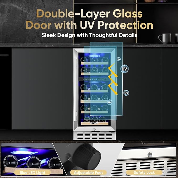15 Inch Wine Cooler Under Counter, 30 Bottle Dual Zone Wine Fridge with Stainless Steel Glass Door, Built-In or Freestanding Wine Cellar with Digital Temperature Control for Home, Kitchen, or Office - Image 7