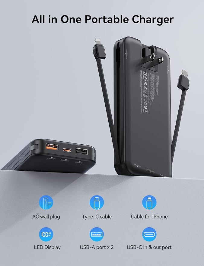 10000mAh Ultra-Portable-Charger-Power-Bank with Built in Cables&AC Wall Plug, PD20W USB-C Fast Charging Cell Phone Charger Battery Pack,LED Display Travel Battery Bank for All iPhone,Samsung,Android - Image 2