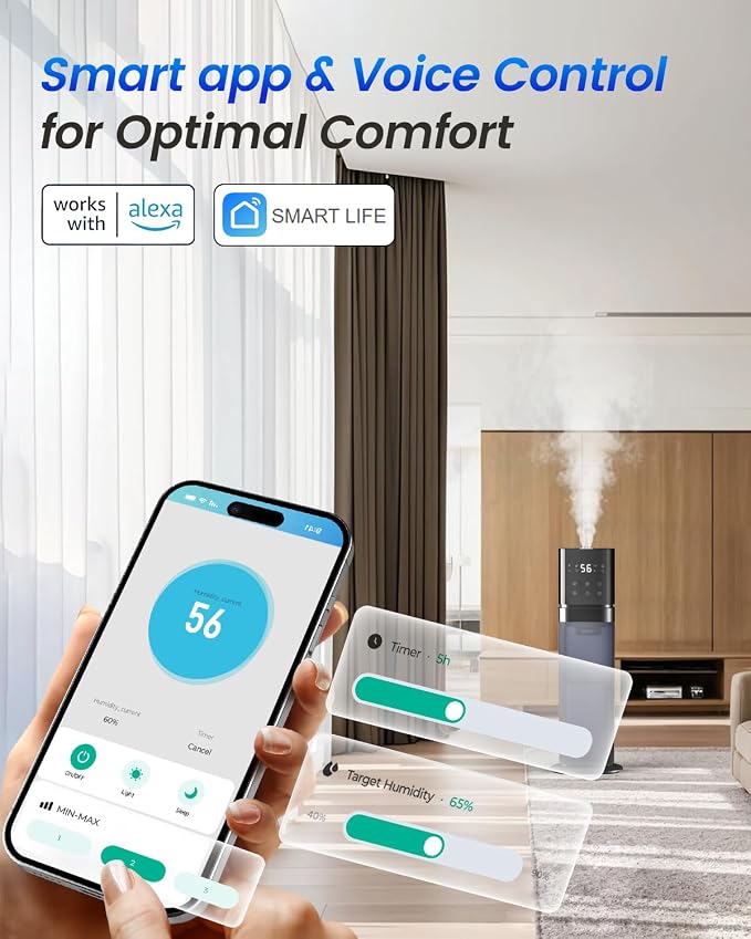 Humidifiers for Bedroom 2.1Gal/8L, Smart Humidifier Large room, Cool Mist Humidifiers for Bedroom Large Room with Extended Tube, WIFI App&Voice Control, Humidifiers for Home Baby Plants, Blue - Image 3