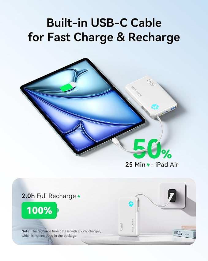 INIU Portable Charger, Slim 45W 10000mAh Power Bank with Build in USB-C Cable for Travel, Fast Charging USB C in&Out Battery Pack, External Phone Charger for iPhone 17 16 15 Samsung S25 S24 Google etc - Image 4