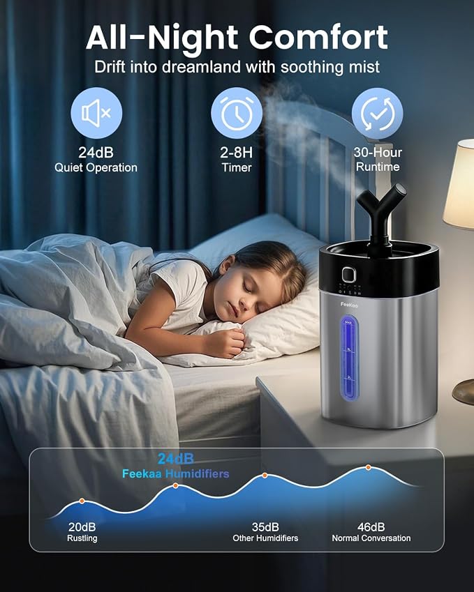 Feekaa Stainless Steel Humidifier Dishwasher Safe, 4L/1Gal Cool Mist Humidifiers for Bedroom, Easy Clean Humidifier Large Room, Humidifiers for Baby Nursery Living Room Office Plant, Black - Image 4