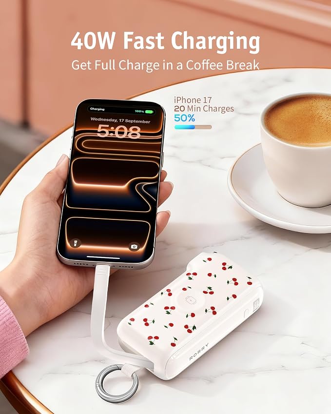 RORRY Flow Portable Charger, 10000mAh 40W Fast Charging Power Bank with Built-in USB C Cable and Foldable Wall Plug, Battery Pack Travel Essentials for iPhone 17/16/15, Apple Watch, iPad, MacBook - Image 4