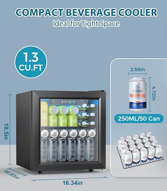 Electactic 50 Cans Beverage Refrigerator Cooler, 1.3 Cu.ft Mini Fridge Countertop Drink Cooler with Glass Door for Beer, Soda,Wine, Adjustable Digital Temperature Control for Home Dorm Bar, Black - Image 3