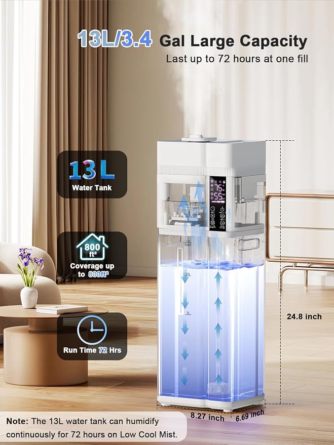 13L/3.4Gal Humidifiers for Bedroom, Ultrasonic Warm & Cool Mist Humidifier Large Room, Covers 800ft², 72H Runtime, 24H Timer, 3 Mist Modes Top Fill Quiet Humidifiers for Home, Office, White - Image 4