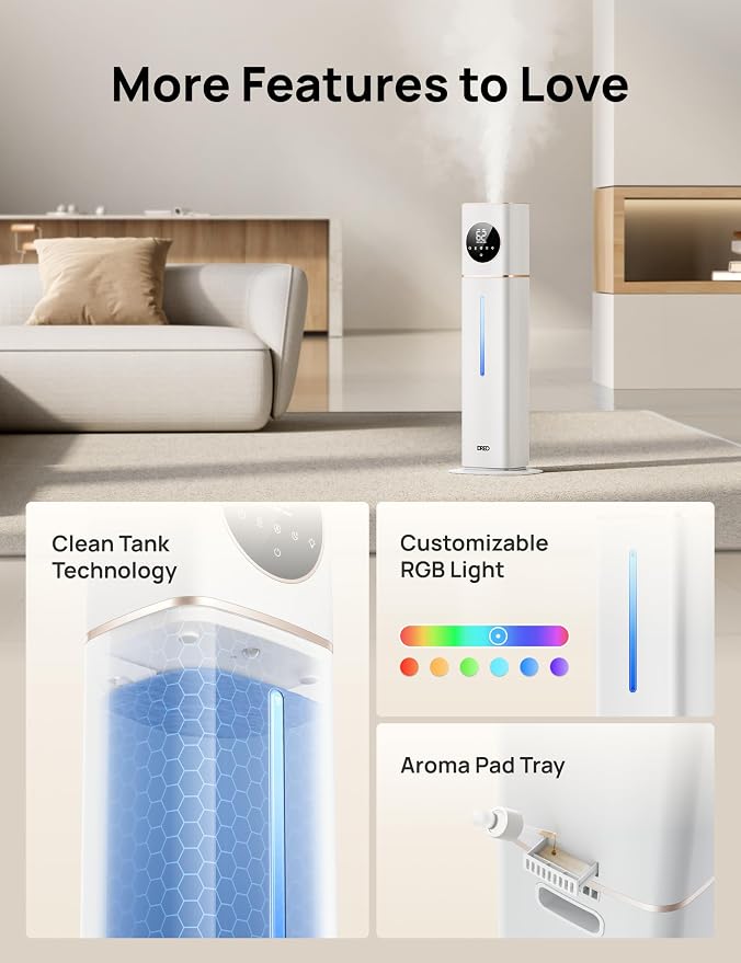 DREO HM735S 11L Smart Humidifier Large Room 700 ft², 100H Cool Mist Air Humidifiers for Bedroom, Top-Fill, Clean Tank Technology, 26dB, Auto Mode, Aroma Box, RGB, Remote & APP Control, Baby, White - Image 7