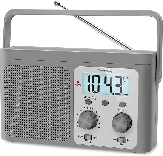 DreamSky AM FM Radio Portable - Shortwave Radio Battery Powered or Plug in Wall for Home Outdoor, Strong Reception, Large Dial Easy to Use, Digital Time Display, Transistor Antenna, Seniors Small Gift by DreamSky