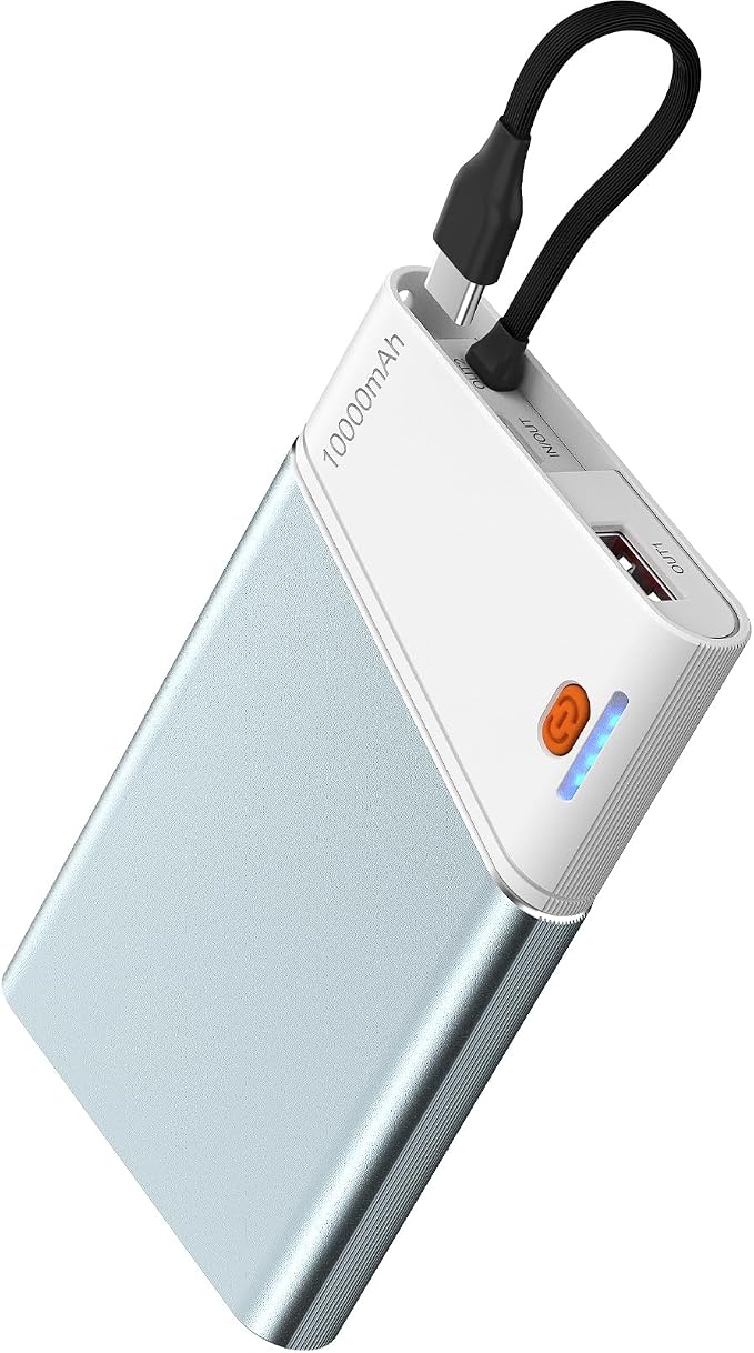 Aaoyun Portable Charger Power Bank, 10000mAh 22.5W PD Fast Charging Powerbank with Built-in USB C Cable, Slim External Phone Battery Pack for iPhone 17/16/15 Samsung S24 Android etc (Blue) by Aaoyun