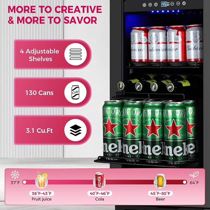 15 Inch Beverage Cooler Refrigerator, 15" Beverage Cooler Under Counter 130 Cans Beverage Fridge with Glass Door, Freestanding or Built-In Mini Drinks Fridge with Lock for Soda, Beer, Black - Image 4