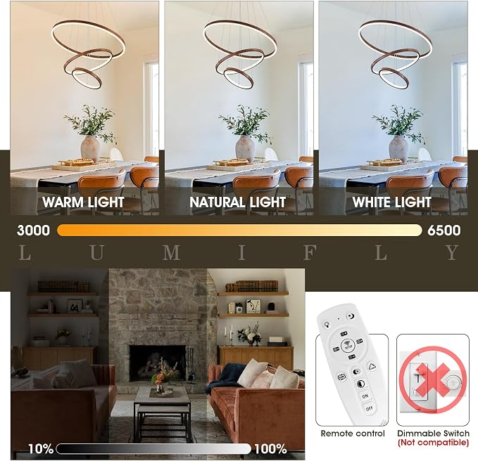 Modern LED Chandelier Dimmable 3 Ring Pendant Light - Image 4