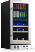 NewAir 15" Dual Zone Beverage Refrigerator & Wine Cooler for 9 Bottles & 48 Cans | Freestanding or Built-In Under Counter Mini Fridge for Beer, Wine and Soda | Stainless Steel by NewAir