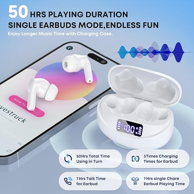 Wireless Earbuds Bluetooth 5.4 Headphones, Noise Cancelling Mic Ear Buds with 50H Playback, LED Digital Display, IPX7 Waterproof Earphones for Office/Running/Workout - Image 3