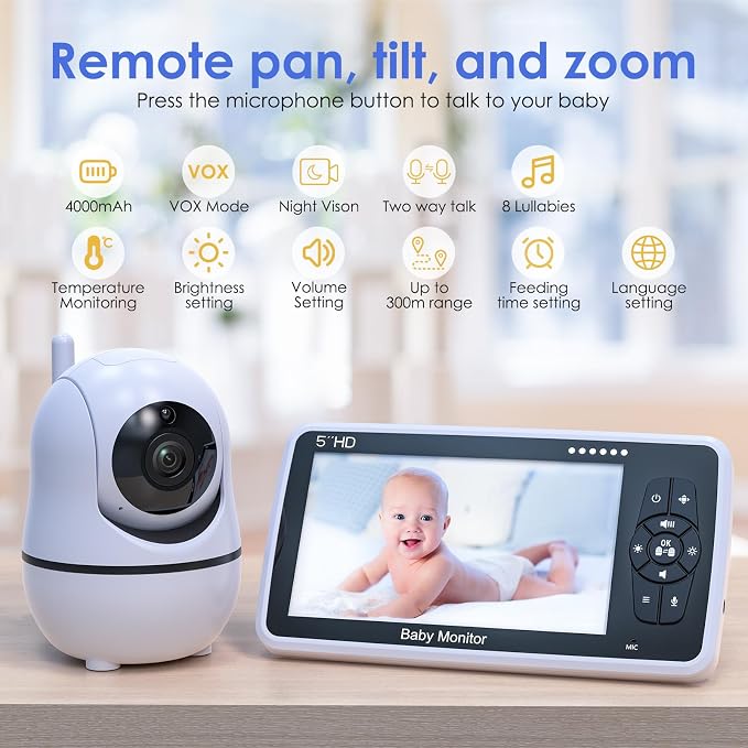 Baby Monitor with Camera and Audio, 4000mAh Long Battery Life, Pan-Tilt-Zoom - Image 2