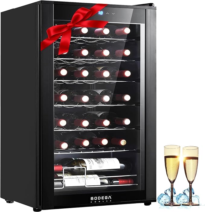 BODEGA COOLER 28 Bottle Wine Refrigerator, Fridge for Kitchen, Room, Office | 7 Shelves, Fast Cooling, Digital Temp Panel, Quiet ≤40dB Operation, Freestanding / Under Counter, UV-Protected Glass Door by BODEGA