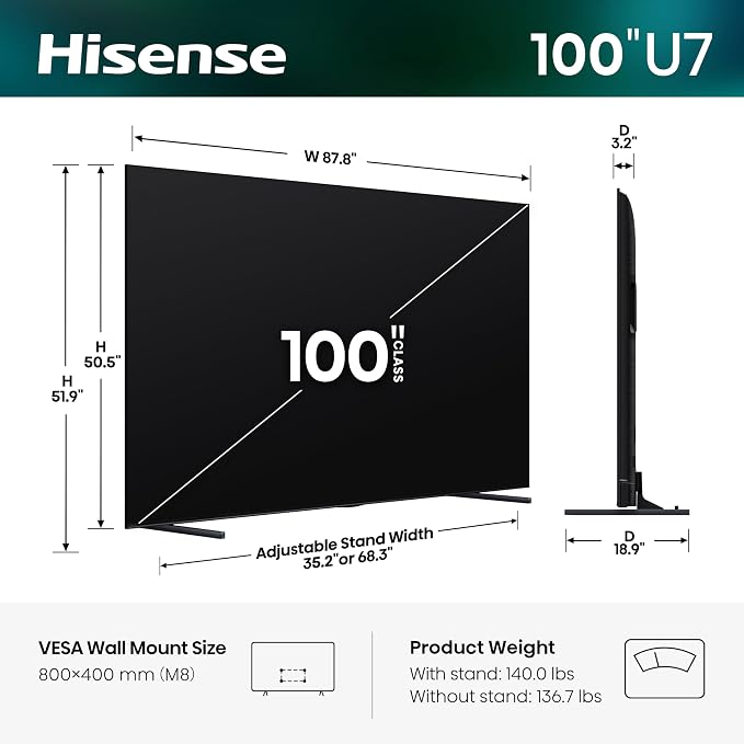 Hisense 100" U7 Mini-LED ULED 4K UHD Best Premium Gaming Smart Google TV (100U7SG, 2026 New) - Hi-QLED, Native 165Hz, VRR 288, High Brightness, HDR10+, Dolby Vision IQ·Atmos, IMAX Enhanced, 2.1.2 Ch - Image 3