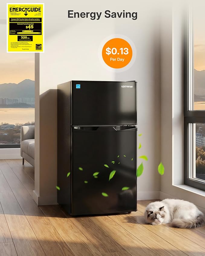 Upstreman 3.1 Cu.Ft Mini Fridge with Freezer, Double Door Small Refrigerator, Adjustable Thermostat, Energy Star Certified Low Noise Mini Refrigerator for Bedroom, Dorm, Apartment Black-TM31 - Image 5