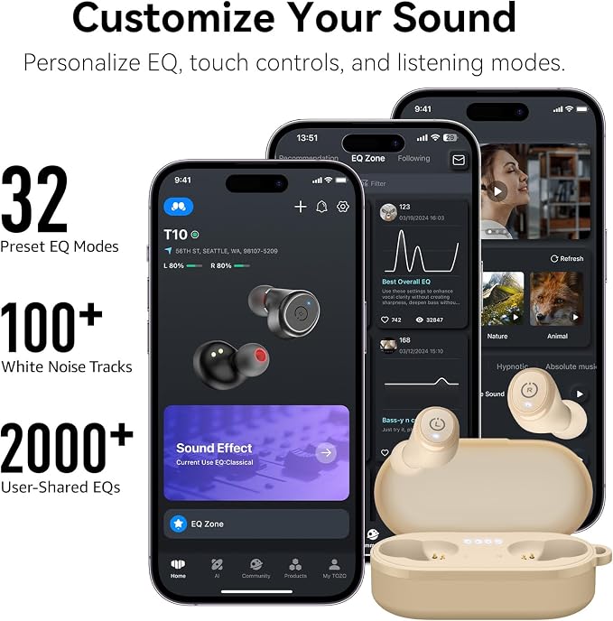 TOZO T10 Wireless Earbuds Powerful Bass Stereo Wireless Charging, APP, IPX8 | Waterproof, 55H Playtime, Ergonomic Design In Ear buds, App Customize EQ, Bluetooth 5.3 Headphones for Work, Travel, Khaki - Image 6