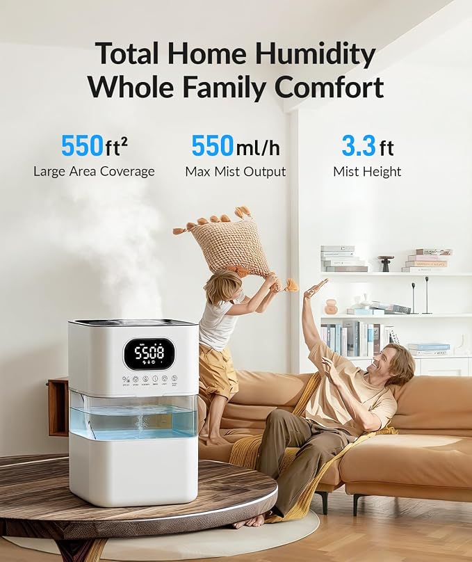 AreShark Humidifier Large Room, 2.2 Gal/8.5L Cool Warm Mist Air Humidifiers for Bedroom, 65H Runtime, Humidity Setting, Easy to Clean, Top Fill, 30dB Quiet, 550ft² Coverage, for Plants, Adults, Kids - Image 2