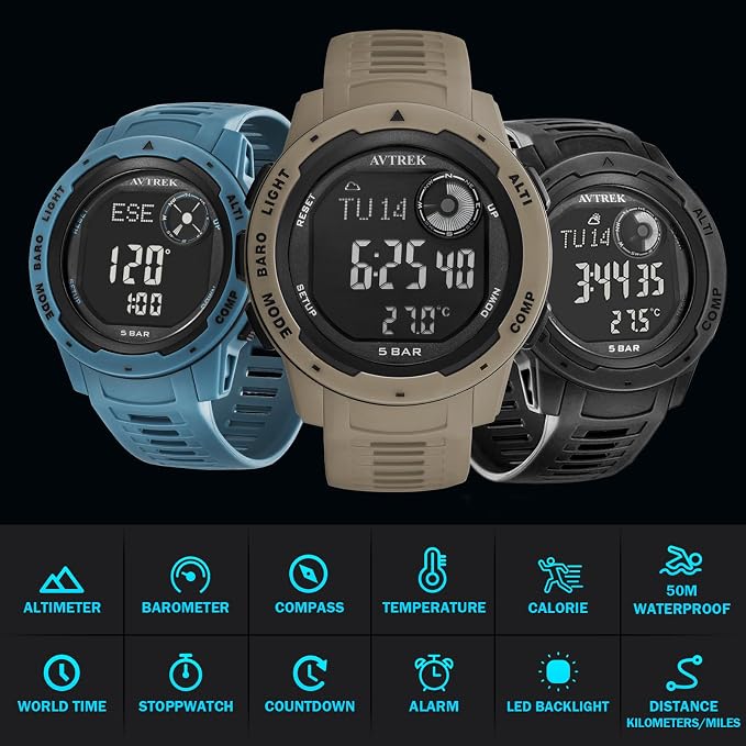 AVTREK Tactical Watch with Compass, 50M Waterproof Digital Pedometer, Altimeter - Image 5