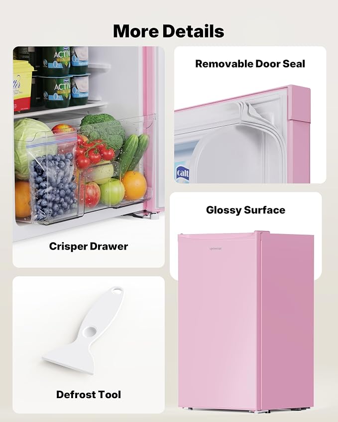 Upstreman 3.2 Cu.Ft Mini Fridge with Freezer, Pink-BR321 | Adjustable Thermostat, Energy Saving, Low Noise, Reversible Door, Small Refrigerator for Dorm, Bedroom, Office - Image 7