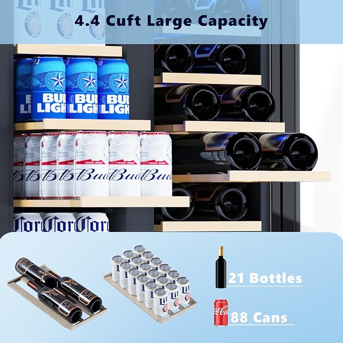 Electactic Dual Zone Wine Cooler with Glass Door, 21 Bottles and 88 Cans Wine and Beverage Refrigerator, 4.4 cu.Ft 24 Inch Built in or Under Counter Wine Fridge with LED Light, Two Door Lock - Image 2